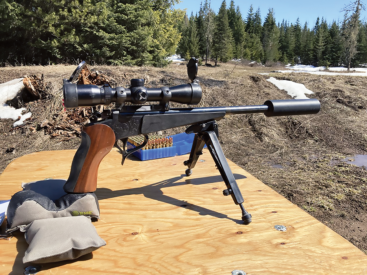 Patrick threaded his 14-inch barreled 223 Remington Thompson/Center Contender pistol to accept a muzzle brake that allows him to mark his shots. The brake proved obnoxious and has since been replaced with a suppressor.